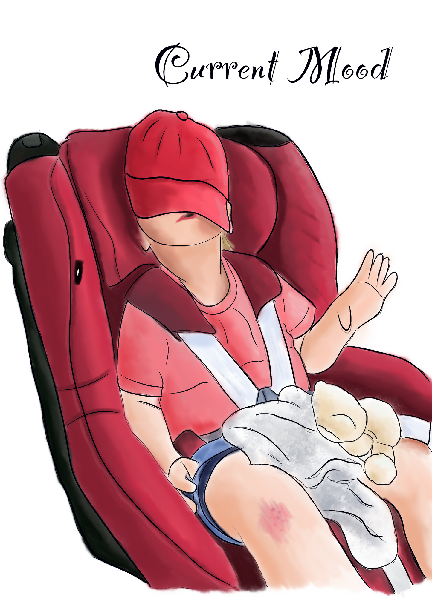 Illustration of a toddler in a red car seat, wearing a red t-shirt and a red cap covering his face. The toddler is asleep with a teddy on his lap and a graze on his knee and the text says Current mood. The background is white.