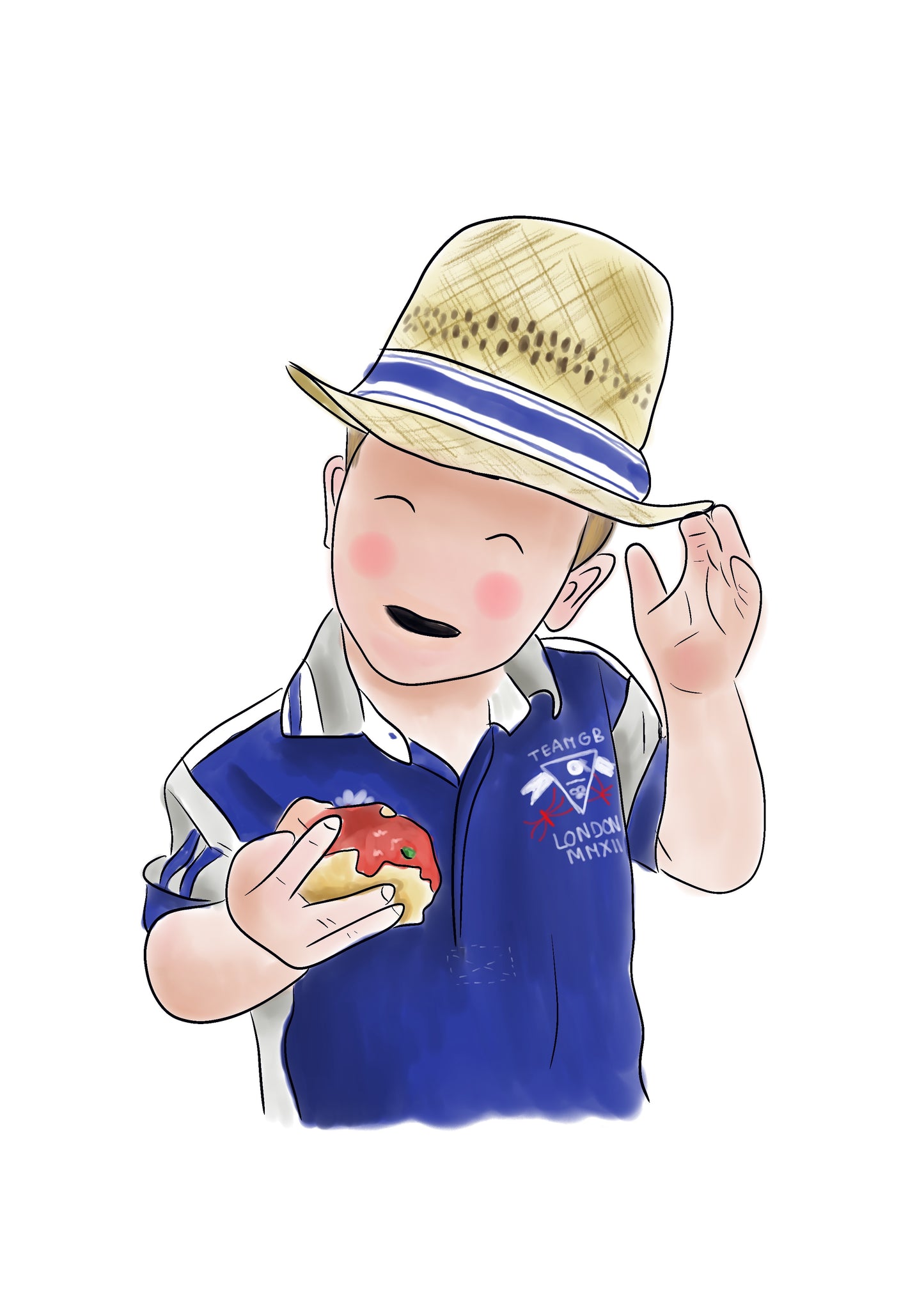 Illustration of a small child wearing a blue polo shirt and a straw hat, holding a half eaten apple. Background is white.