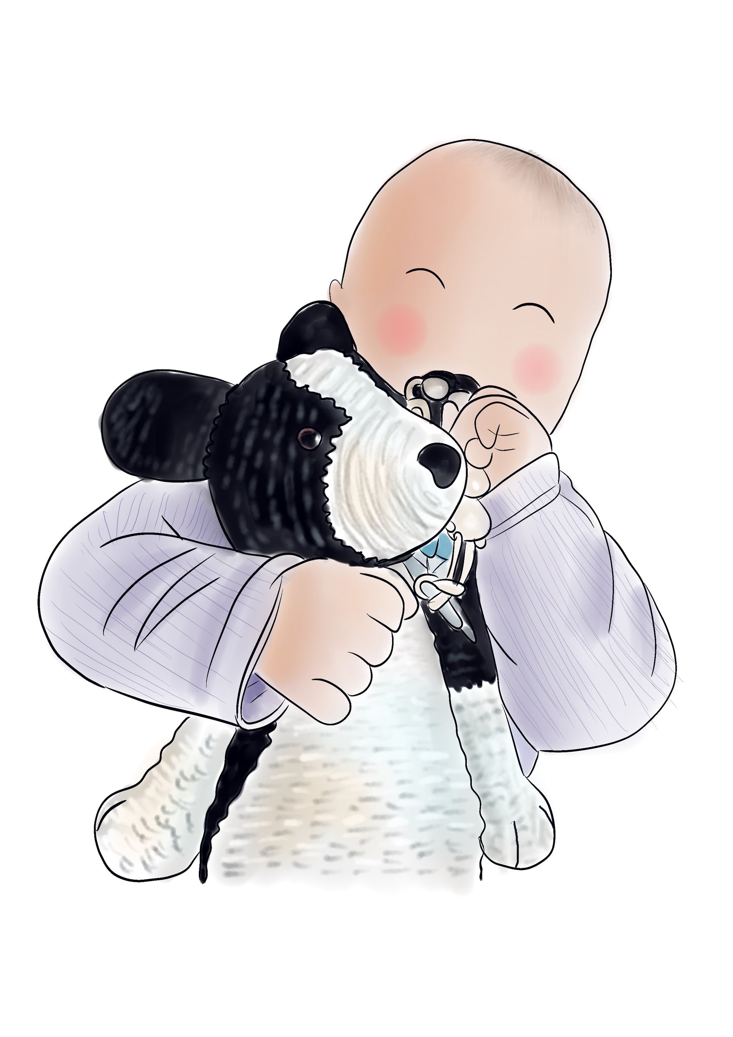 Illustration of a baby cuddling a border collie dog cuddly toy. He’s wearing a purple top. Background is white.