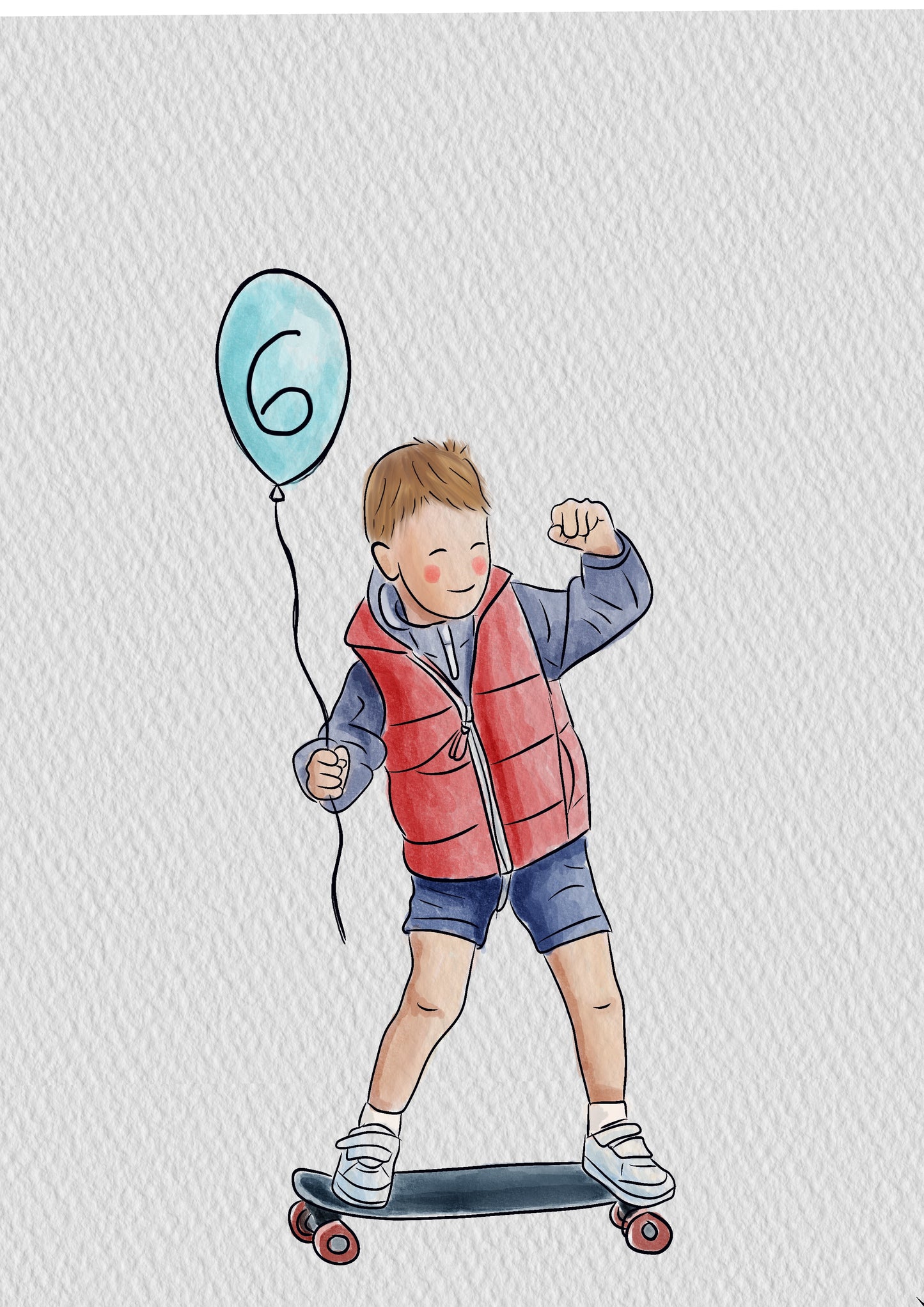 Illustration of a boy on a skateboard wearing shorts and a red jacket, holding a blue balloon with a number 6 on it. With a white background.