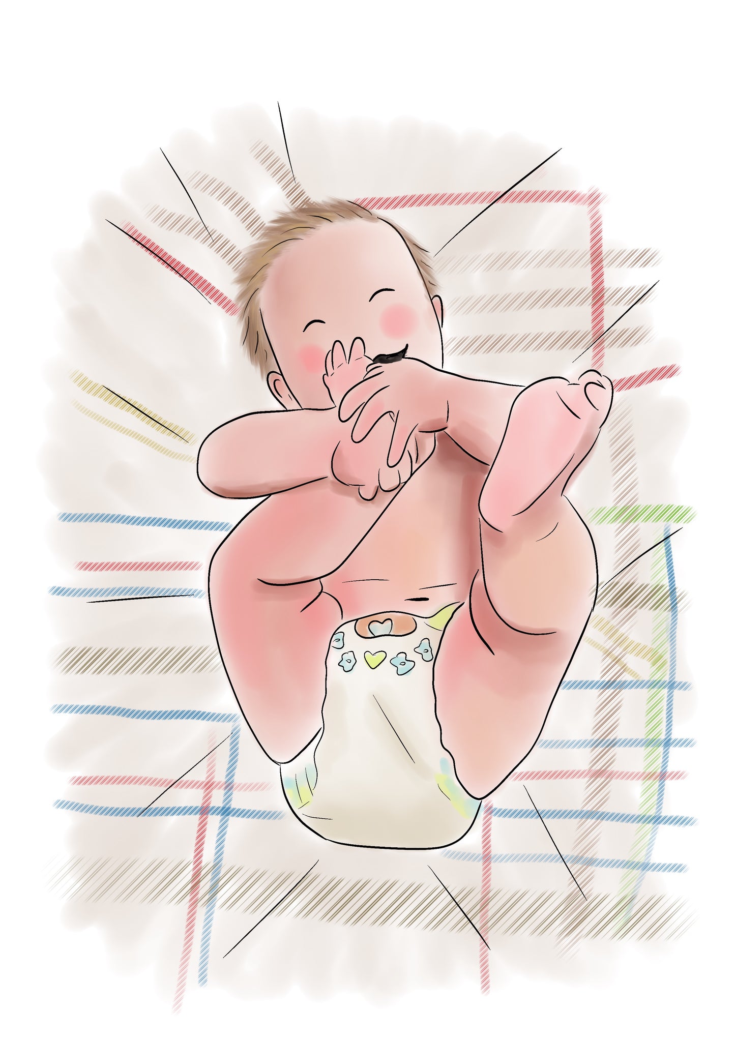 Illustration of a baby laying on a bed sucking on his toes looking happy wearing just a nappy. The background is the duvet which is white with coloured lines.
