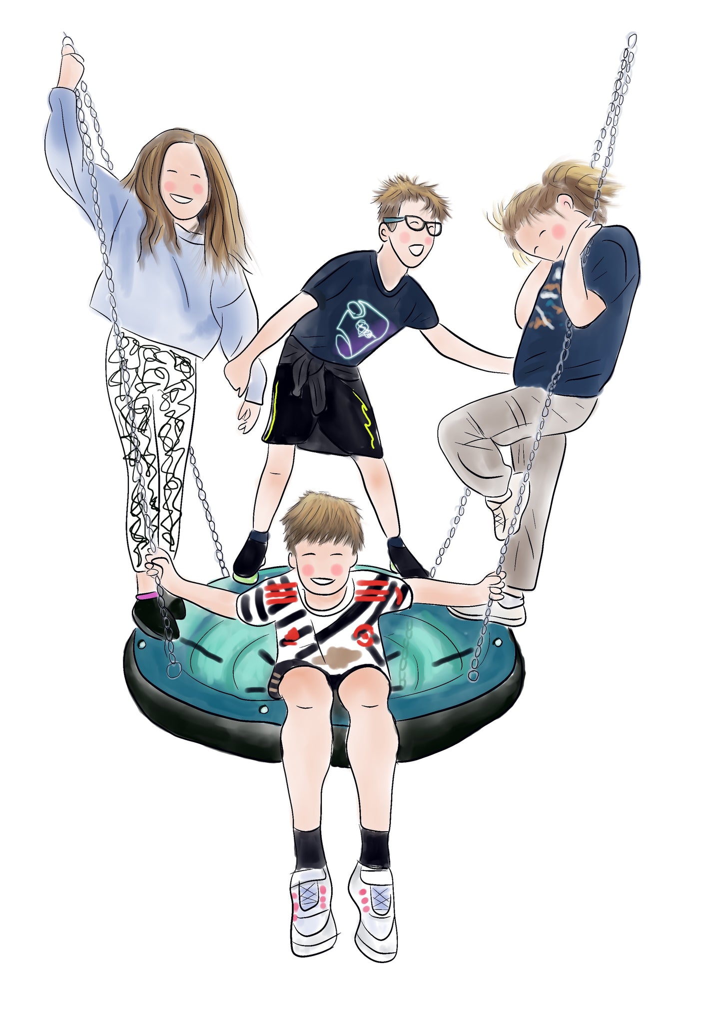Illustration of 4 children playing on a circle swing. Girl on the left standing up is wearing a blue jumper and white trousers with a black pattern, the boy next to her also standing has a dark blue top on and black shorts, the girl standing to the right has a dark blue top on and beige trousers and the boy sat in te
He middle is wearing a white and black football kit. They all look happy.