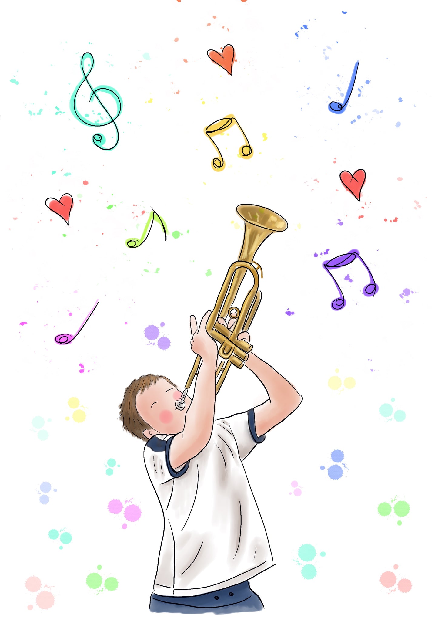 Illustration of a boy wearing a white T-shirt playing the trumpet up high with rainbow coloured music notes in the background and rainbow paint splash’s in the background too.