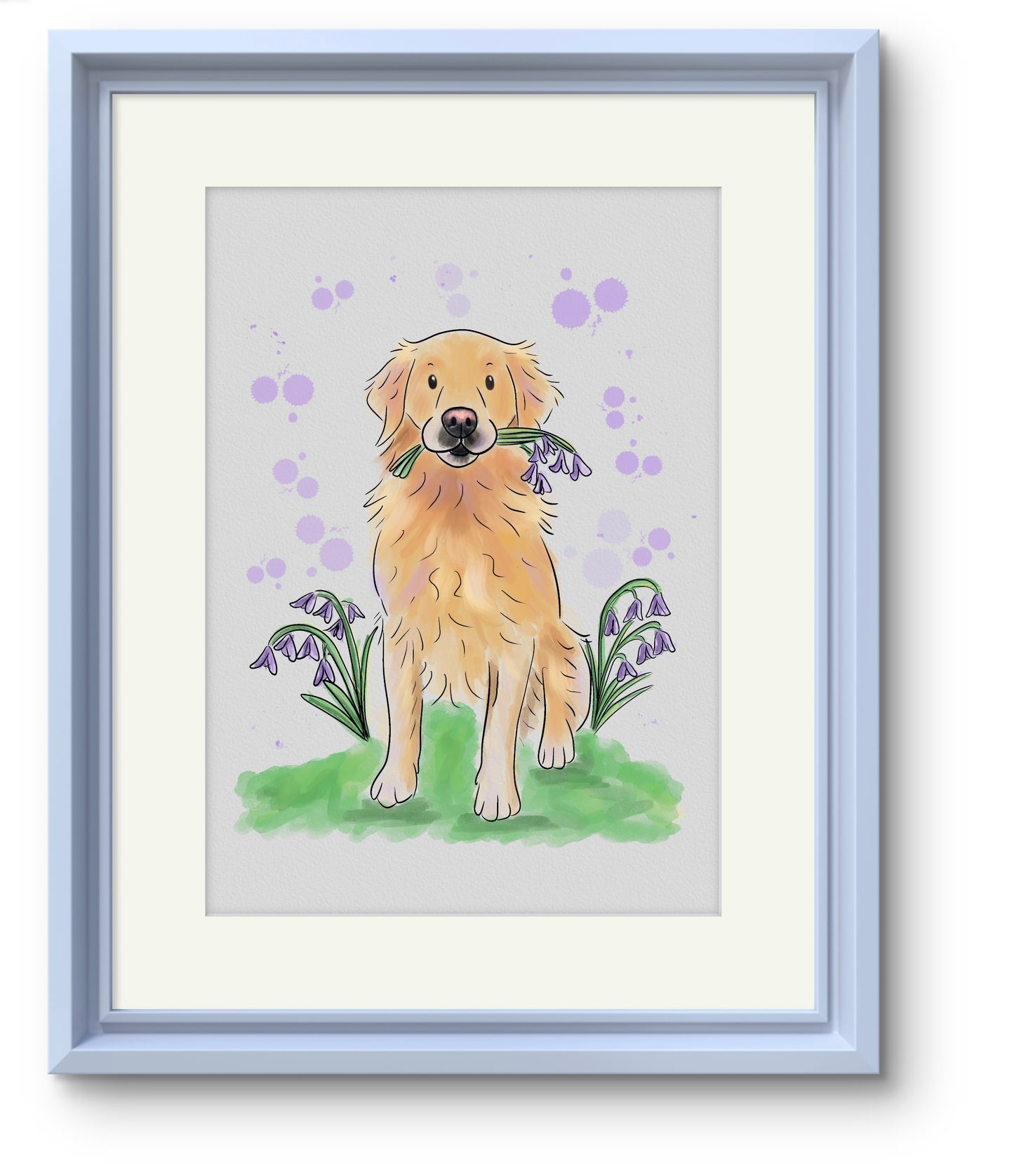 Purple frame with white mount. Illustration of a golden retriever sitting amongst bluebells holding bluebells in its mouth. Purple bubbles in the background.