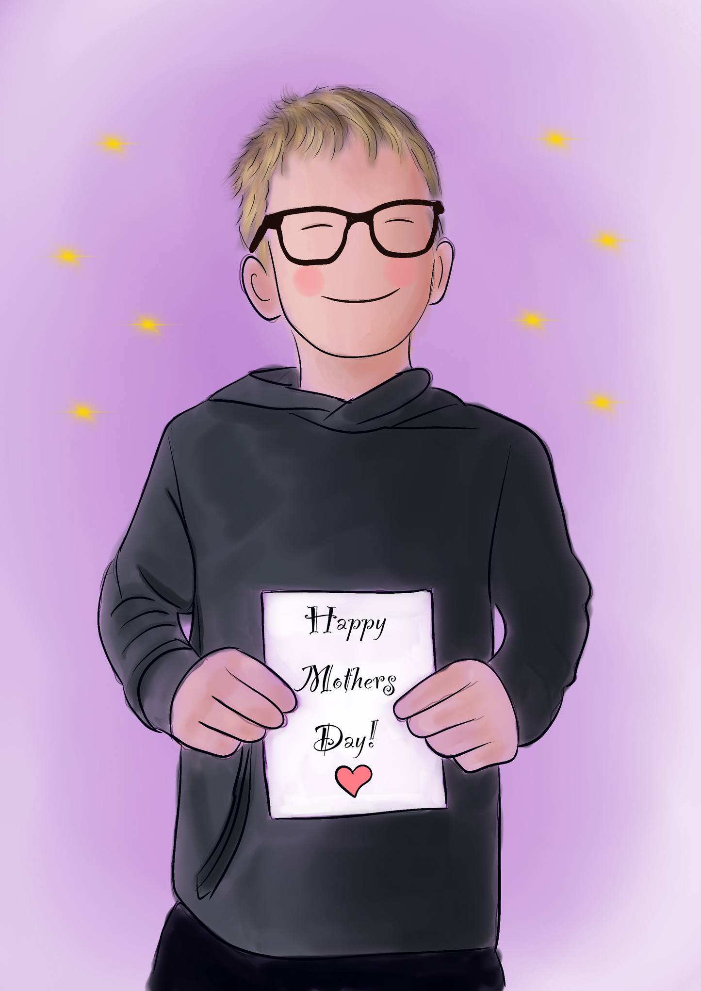 Illustration of a boy smiling, wearing glasses and a black hoodie holding a sign saying Happy Mothers Day. The background is purple with Yellow stars.