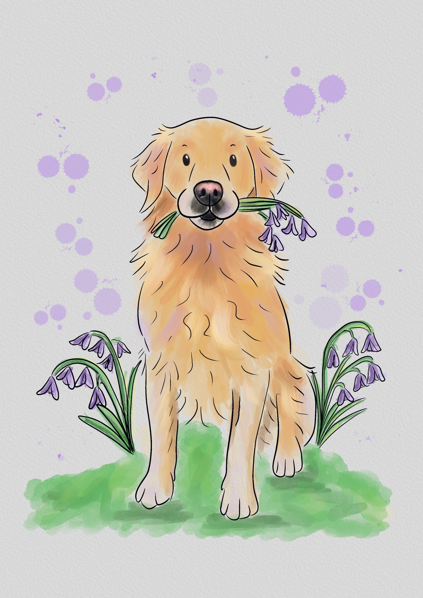 Illustration of a golden retriever sitting amongst bluebells and green grass, with bluebells in its mouth. Purple bubbles in the background.