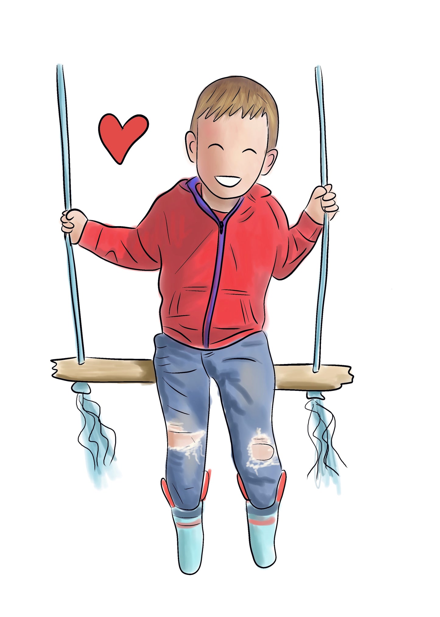 Illustration of a child sitting on a wooden swing, smiling, wearing a red jacket, jeans and blue wellies and a red heart in the background.