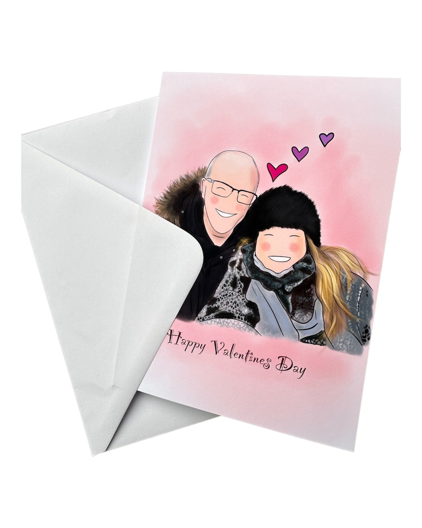 Image of a greetings card and envelope. The illustration on the card is a custom. made valentines illustration of a couple in love with love hearts.