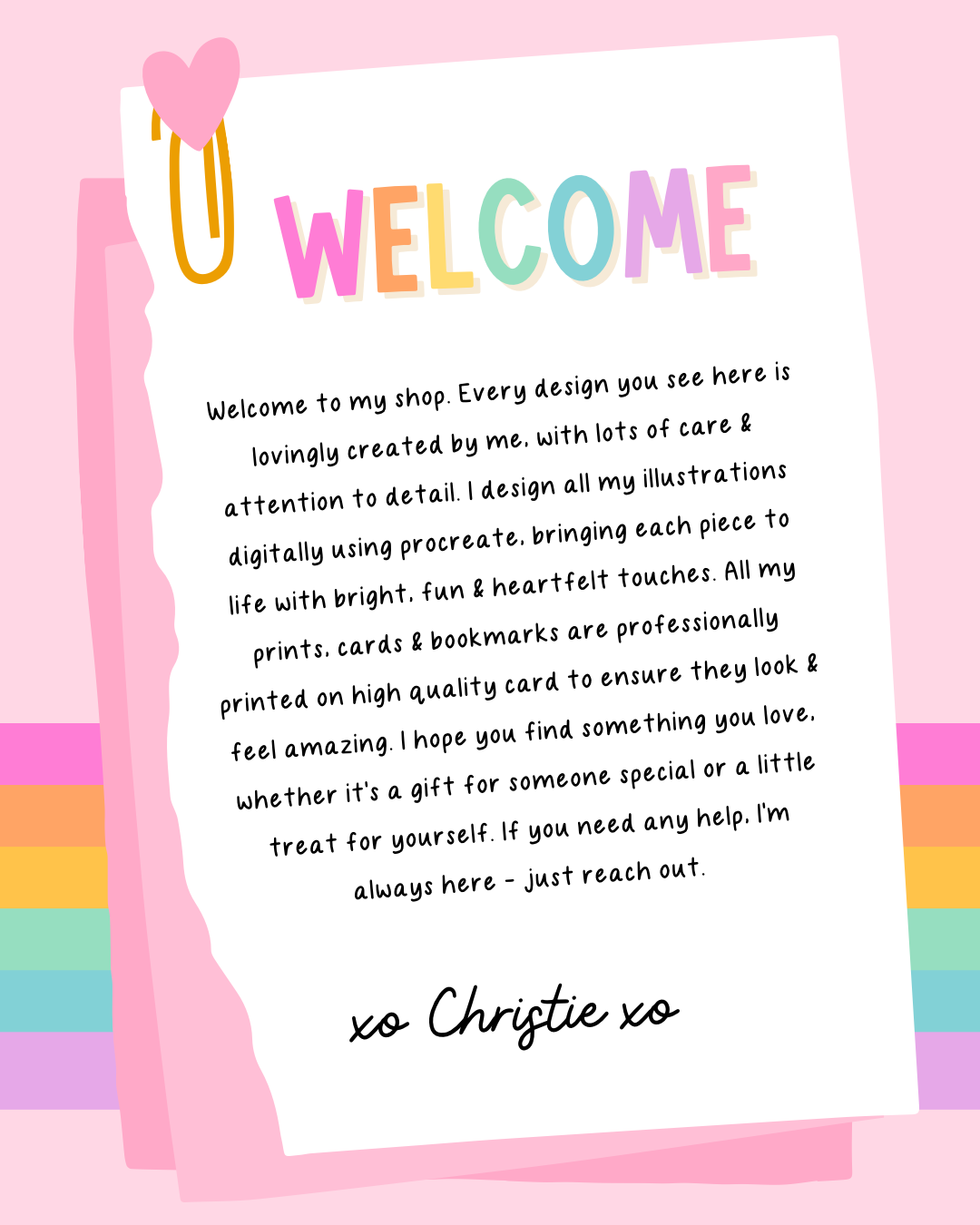 welcome to my shop notice in rainbow theme