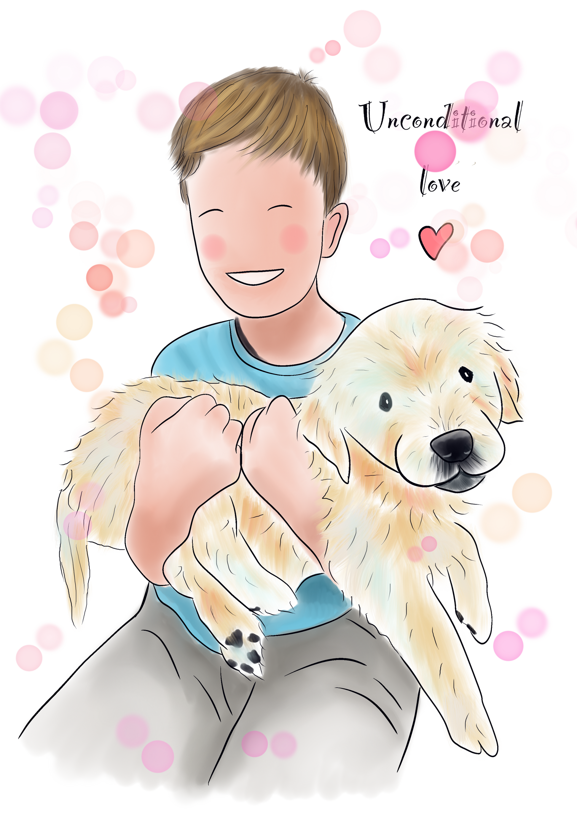 Illustration of a little golden retriever pup being held by a child smiling wearing a blue top. Pink and yellow bubbly background with text saying Unconditional love. 