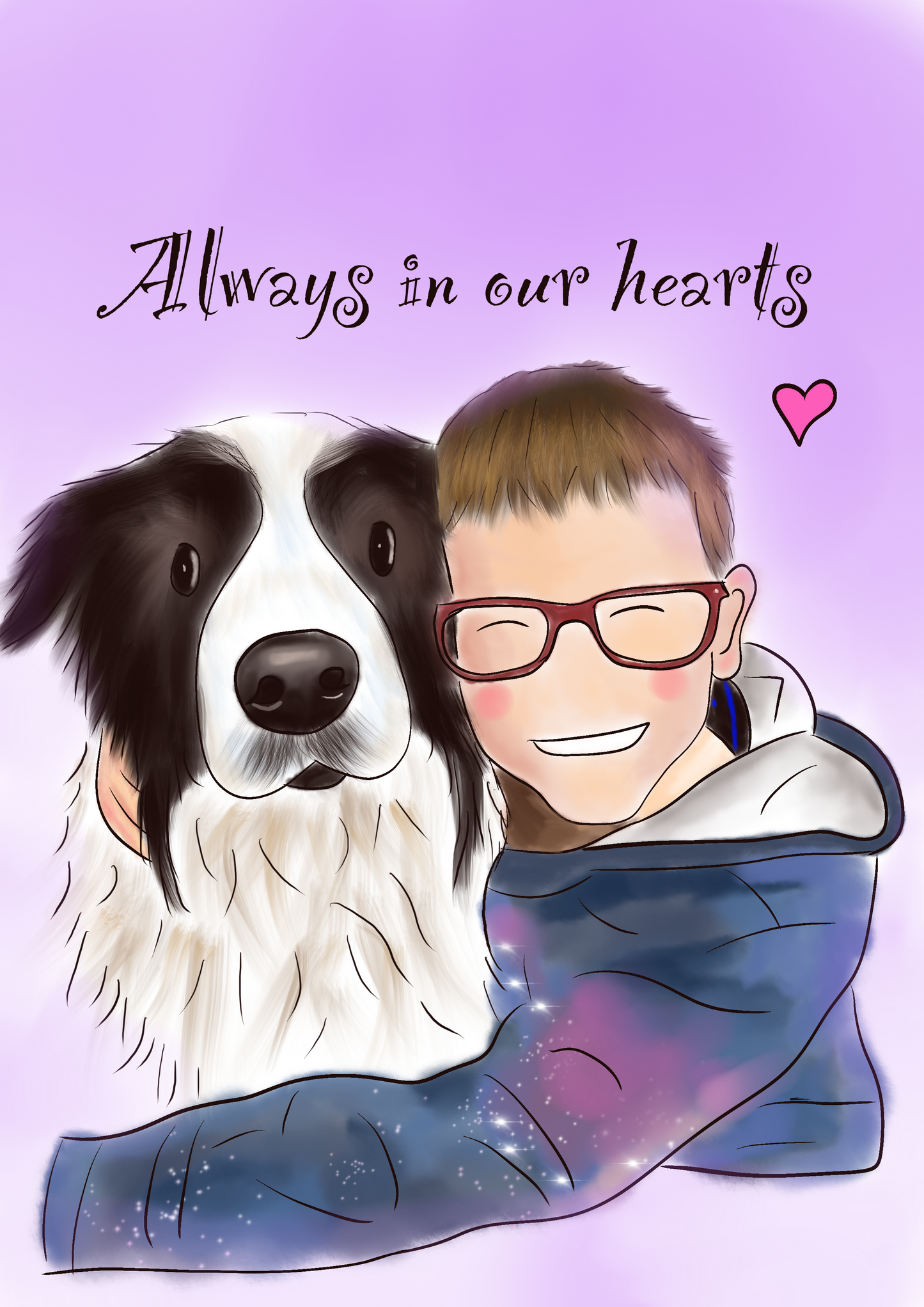 Illustration of a border collie dog and a child smiling wearing glasses and a blue top, hugging together. Background is purple and text says Always in our hearts. 