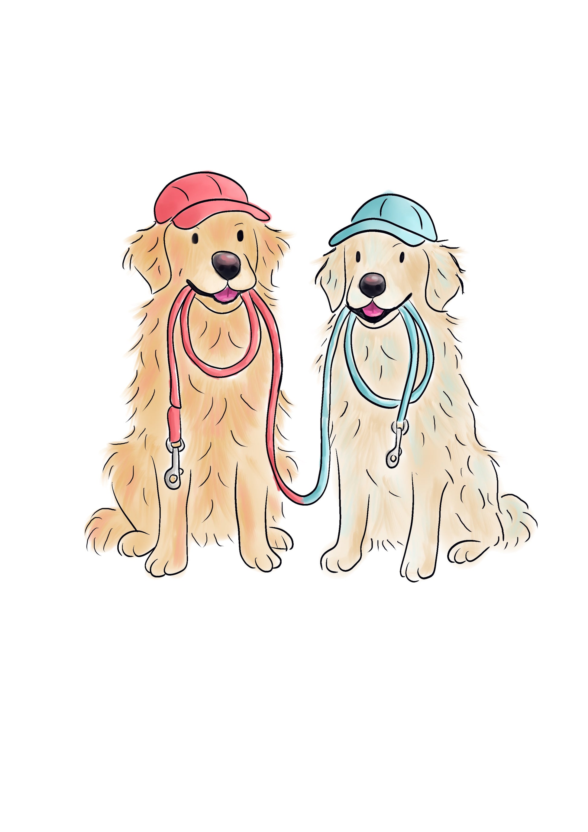 Illustration of 2 golden retrievers sitting nicely side by side holding blue & red leads in their mouths and wearing blue and red caps. 