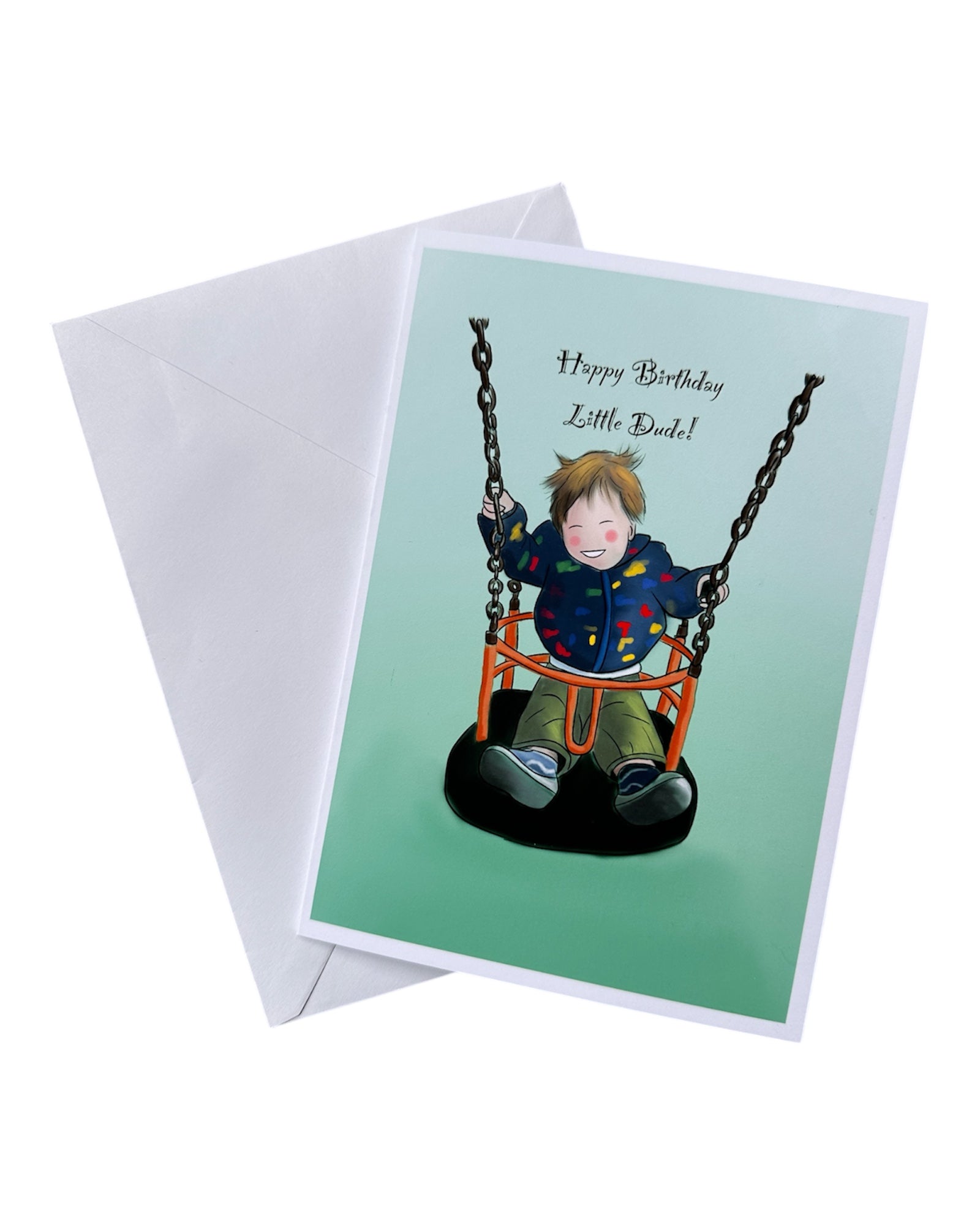 Greeting card and envelope with an illustration of a toddler in a swing looking happy in a dark coat and green trousers. Swing is orange with a black seat and chains. Background is bright green. 