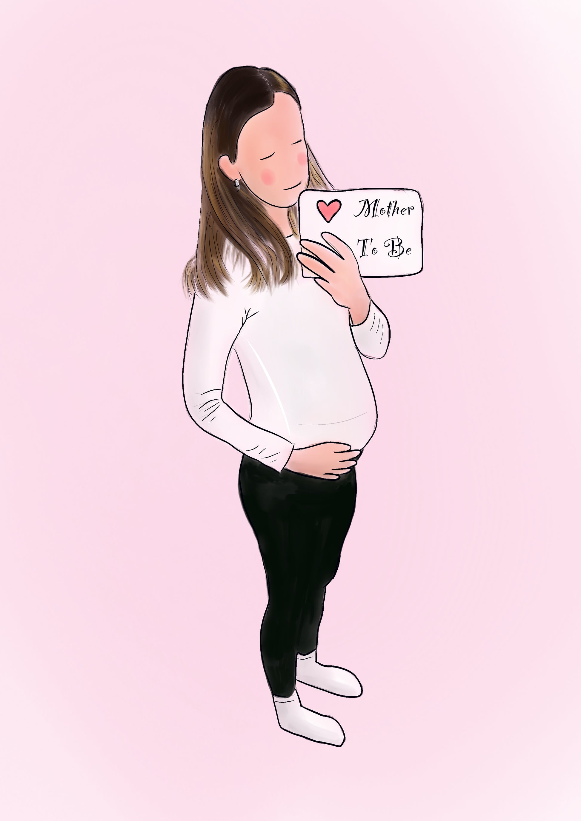Illustration of a pregnant girl with a little bump, wearing a white top and black trousers, holding a sign saying Mother to be. The background is pink. 